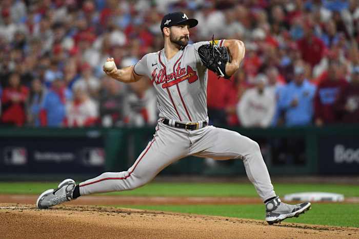 Oct 12, 2023; Philadelphia, Pennsylvania, USA; Atlanta Braves starting pitcher Spencer Strider (99) throws against the Philadelphia Phillies during the first inning in game four of the NLDS in the 2023 MLB playoffs at Citizens Bank Park